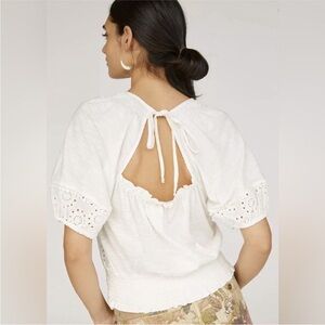 Anthropologie Porridge Freya Puff Sleeve eyelet Top Ivory Smocked Waist Medium